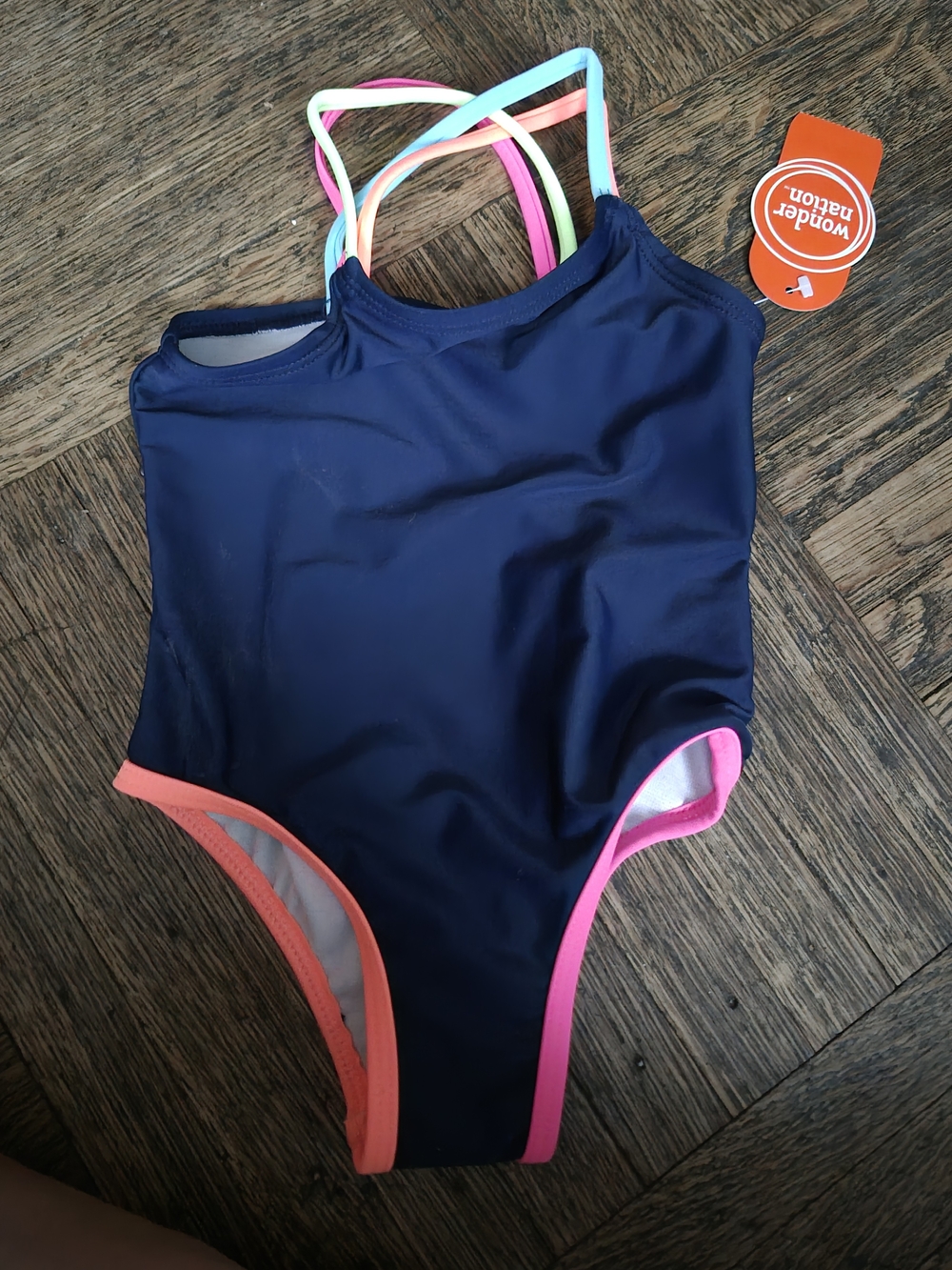 wonder nation Navy One-Piece Swimsuit with Neon Multicolor Straps